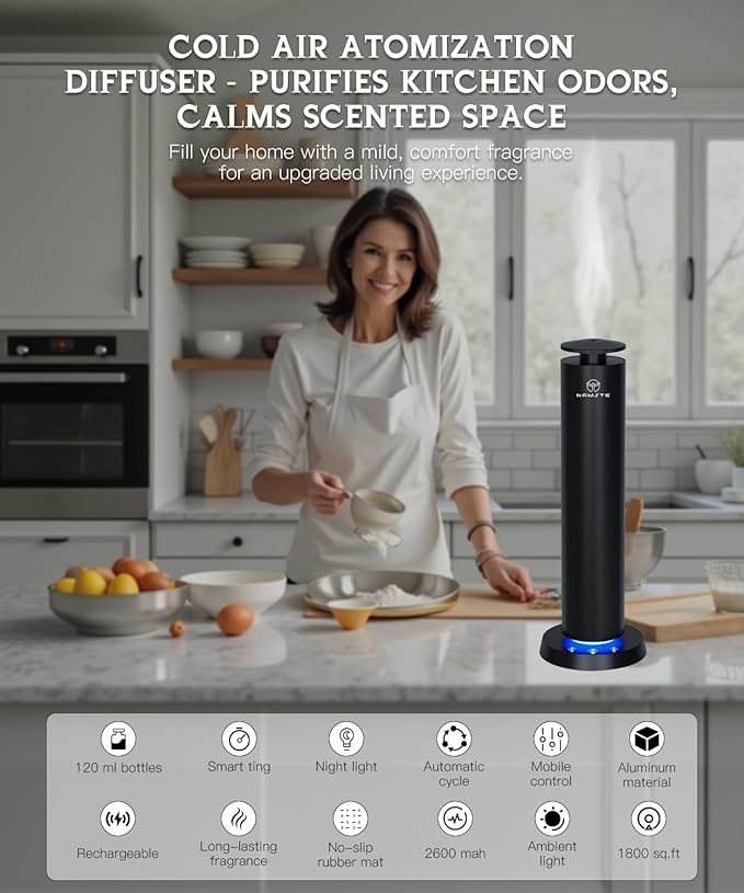 Waterless Diffuser Wireless Rechargeable Essential Oil Diffusers with LED Light – Bedroom Quiet Mist 1800 Sq Ft Coverage, APP+Remote+Button Control 120ml Metal Scent Machine Starter Kit (Black)