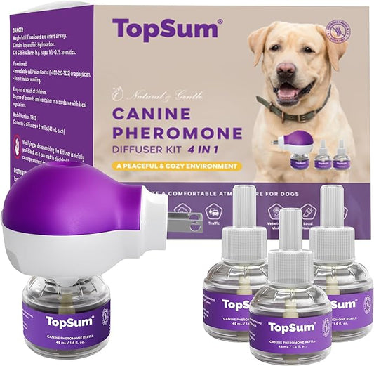 TopSum Calming Diffuser for Dog: Dog Pheromones Calming Diffuser Plug for Stress, Barking, Chewing, Pee Accidents & Separation Behaviors (Purple– 1 Diffuser+3 Refills)
