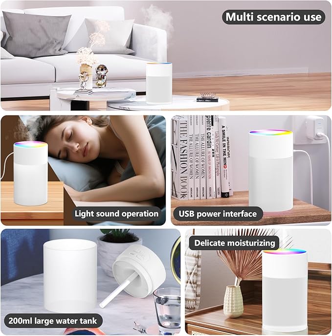 Portable Small Humidifier, USB Personal Desktop Humidifier for Car, Office Room, Bedroom, Auto Shut-Off, 2 Mist Modes, Super Quiet, 200ml