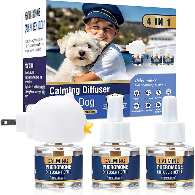 Calming Diffuser 4 in 1 Dog Pheromone Appeasing Pet Pheromones Diffuser to Calm Kit (Plug in+ 3 Pack 48ml Refill) for Anxiety Relief Reduce Barking Aggression Fighting Stress
