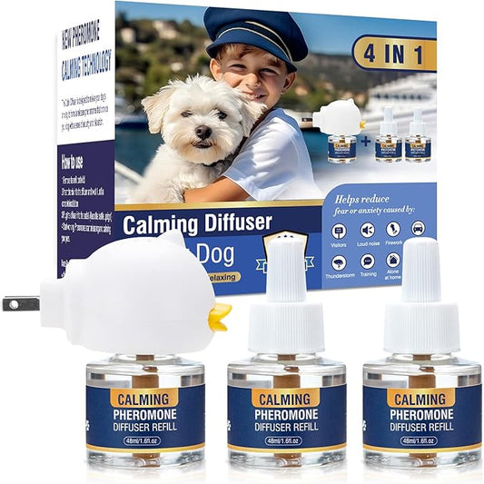 Calming Diffuser 4 in 1 Dog Pheromone Appeasing Pet Pheromones Diffuser to Calm Kit (Plug in+ 3 Pack 48ml Refill) for Anxiety Relief Reduce Barking Aggression Fighting Stress
