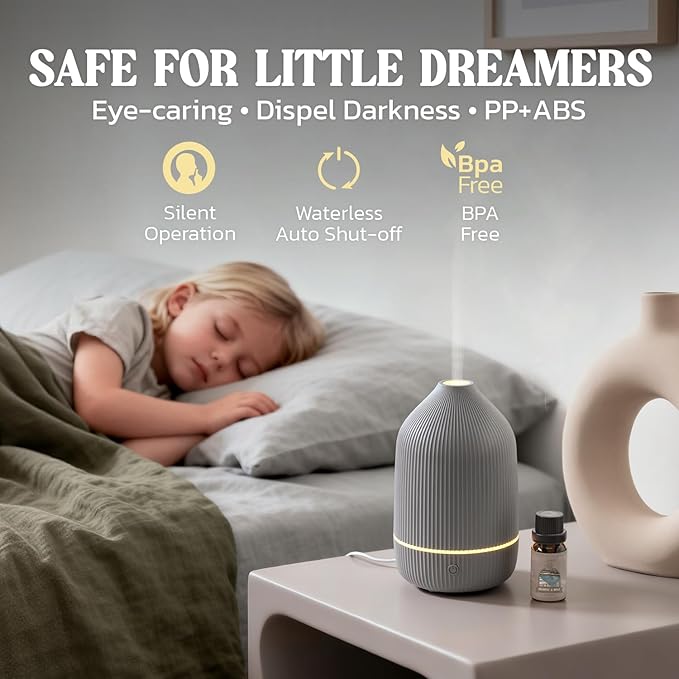 Essential Oil Diffuser, 100ml Aromatherapy Diffuser, Mini Ultrasonic Diffuser for Essential Oil, Home, Office, Cool Mist Humidifier with 7 Led Light, Auto Shut-Off, Gray