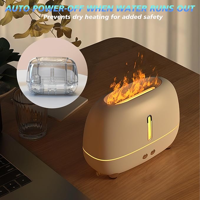 Flame Essential Oil Diffuser, 250ml Ultrasonic Aromatherapy Diffuser, Atomizer Humidifier with 7-Color LED Flame Night Light, Automatic Shutdown, Silent, for Home/Yoga/Office Use, Gifts (White)