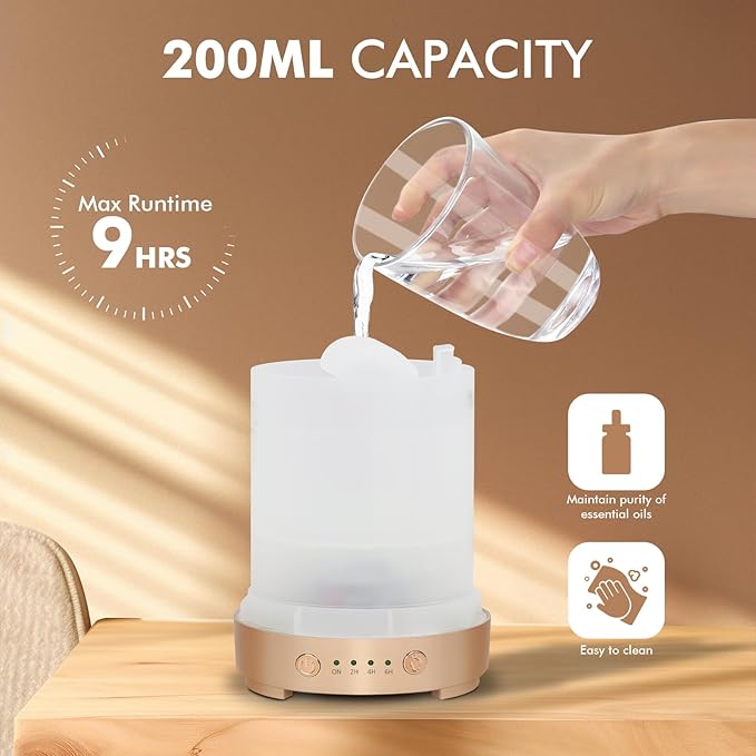 Glass Essential Oil Diffuser 200ml-Ultrasonic Aroma Diffuser with Glass Dome, Aromatherapy Diffuser with 4 Timers 7 Color LED Lights Auto Shut-Off Protection for Home Office Yoga Gift for Women