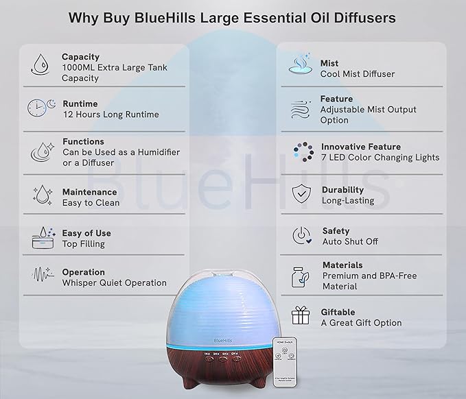BlueHills Premium 1000 ML Large XL Essential Oil Diffuser with Remote Aroma Humidifier for Large Room Home Long Run Time Huge Coverage Area Lights High Mist Output Big Capacity Dark Wood Grain N6