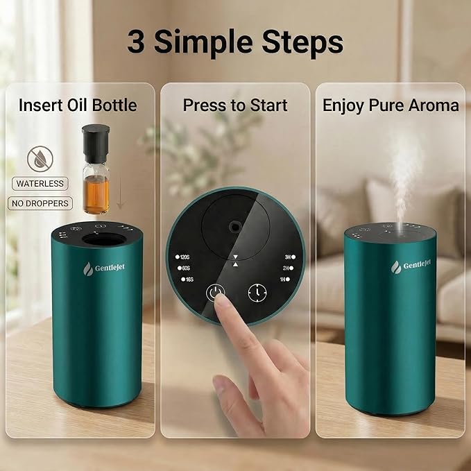 GentleJet LiteMist Waterless Nebulizing Essential Oil Diffuser – Cold Air Aromatherapy, USB-C Cordless 2000mAh Battery, Aluminum Portable for Home Office Car, 20ml