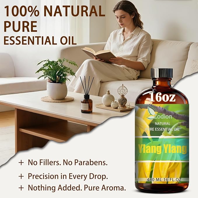 Ylang Ylang Essential Oil, 16 fl oz (480ml) - ZODION Ylang Ylang Fragrance Oil for Diffuser, Massage, Humidifier, DIY Candle, Soap Making, Home, Bath, Yoga