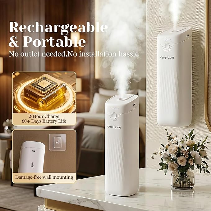 Waterless Essential Oil Diffuser with 2x120ml Oil, Portable Battery-Operated Cold Air Aroma Scent Machine, 4 Adjustable Intensity Levels, Quiet Diffuser for Bedroom Office Bathroom Car