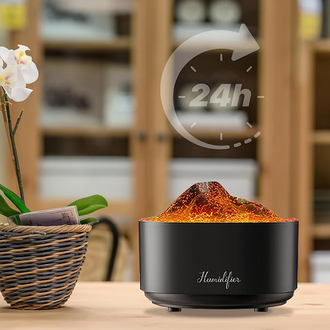 Humidifier for Bedroom,1.5L Volcano Essential Oil Diffuser,Air Diffuser with Premium Flame Lights Dual Nozzle Design, Auto Shut-Off USB Desk Humidifier, Ultra-Silent for Bedroom Travel Office.