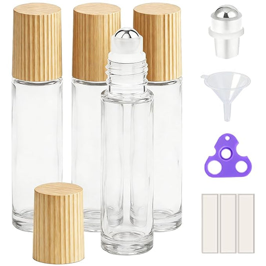 PrettyCare 4 Pack, 10 ml Essential Oil Roller Bottles with Stainless Steel Roller Ball - Refillable Leak-proof Empty Thick Clear Glass Roll on Bottles with Bamboo Caps for Travel, Perfume