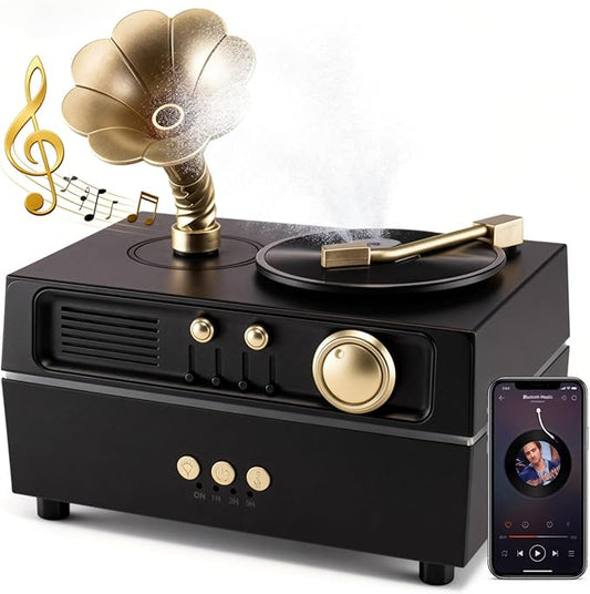 Daroma Essential Oil Diffuser, Retro Phonograph Design with Music Player, 7-Color LED Lights, Low-Noise Aromatherapy Humidifier for Home Office, Unique Gift Idea (Black)