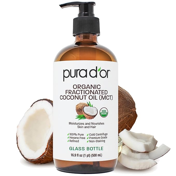PURA D'OR ORGANIC Fractionated Coconut Oil MCT Oil (16.9 Oz GLASS BOTTLE) 100% Pure & Natural USDA Certified Cold Pressed - Unscented, Hexane Free Moisturizer For Face, Skin & Hair Tonic - Men & Women