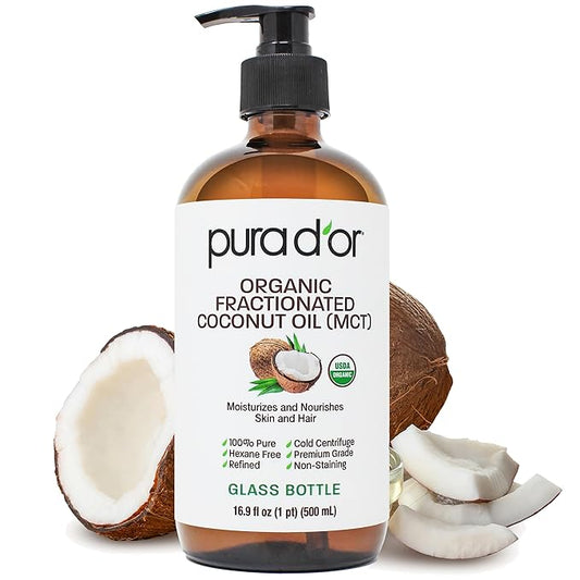 PURA D'OR ORGANIC Fractionated Coconut Oil MCT Oil (16.9 Oz GLASS BOTTLE) 100% Pure & Natural USDA Certified Cold Pressed - Unscented, Hexane Free Moisturizer For Face, Skin & Hair Tonic - Men & Women