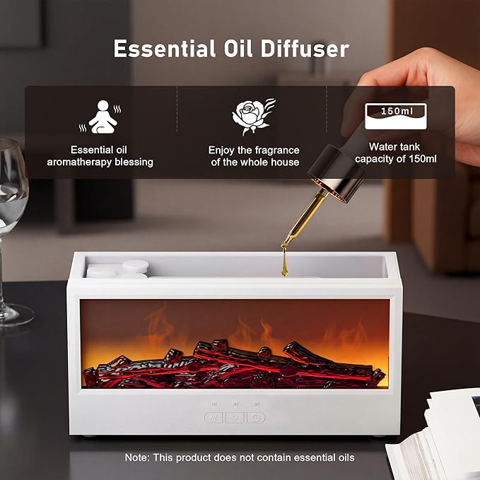 Fireplace Flame Air Diffuser Humidifier,7 Colors Aromatherapy Essential Oil Diffuser, Ultrasonic Aroma Humidifier with Remote Control & Timer for Bedroom, Home, Office, Yoga (White)