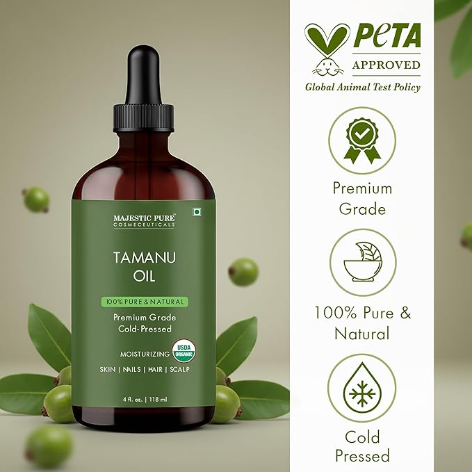 Majestic Pure Tamanu Oil 4 oz - 100% Pure & Natural - USDA Certified - Cold Pressed Carrier Oil for Face, Body, Lips, Nails, Shampoo & Conditioner