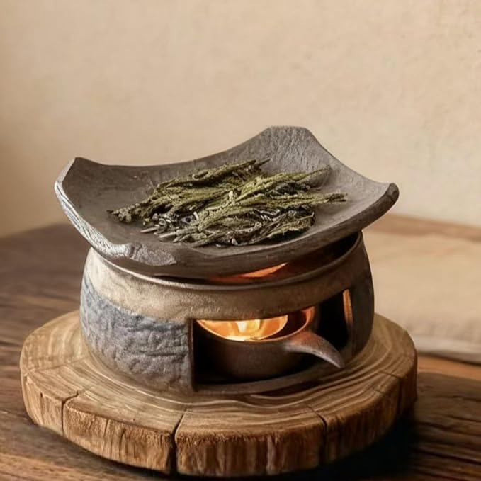 Ceramic Aromatherapy Stove Essential Oil Burner with Wooden Base,Cedar and Zen Herb Burner,Incense Burner Kit for Home Office Natural Fragrance Diffuser, Meditation Relaxation (1)