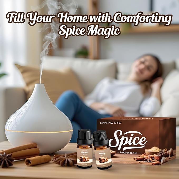 Spice Fragrance Oils Set, RAINBOW ABBY Fall Essential Oil Set for Diffuser, Candle, Soap Making, Pumpkin Pie, Harvest Spice, Gingerbread, Cinnamon, Mulled Cider, Cafe Mocha, Scented Oils, 6x10ml