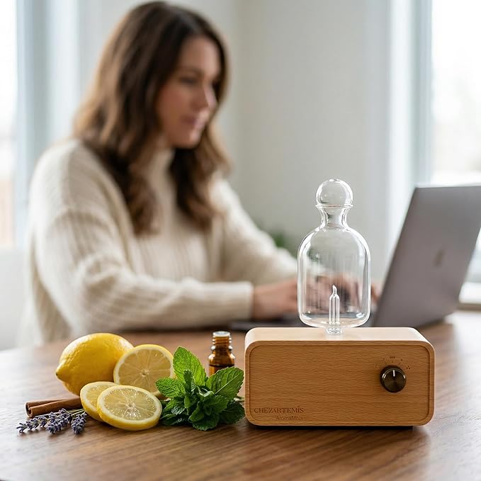 Aria Waterless Diffuser for Essential Oils, Retro Glass Nebulizing Diffuser with Solid Wood Base, Cordless Aromatherapy Dispenser for Large Room, Rechargeable for Home Office Yoga, LED & Timer