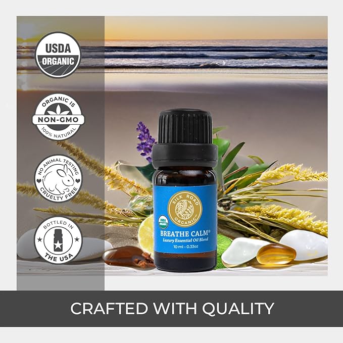 Silk Road Organic Breathe Calm Essential Oil Breathe Easy Blend for Cold, Cough, Congestion, Sinus & Allergy Relief – USDA Certified Aromatherapy undiluted 10 ml Dropper
