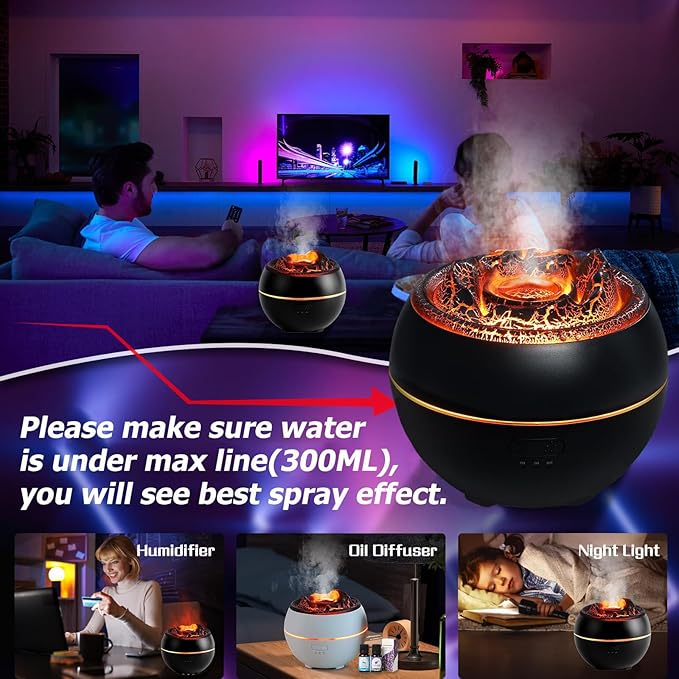 Volcano Essential Oil Diffuser, Volcano Flame Aromatherapy Diffuser, 7 Colors Fire Light & 4 Essential Oils, 360ml Auto-Off Cool Mist Ultrasonic Humidifier/Diffuser for Home Party Holiday
