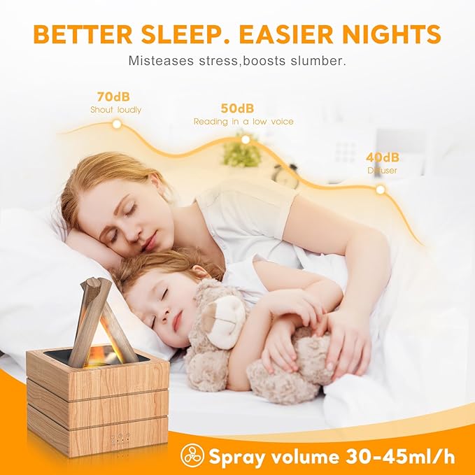Campfire Flame Fire Diffuser, Bonfire Aromatherapy Essential Oil Diffuser, 280ml Wood Cool Mist Humidifier for Home,Bedroom,Office, Remote Control, Auto Shut-Off, Night Light, Gift (Wood Grain)