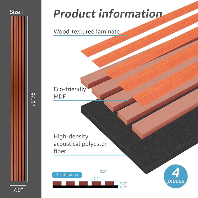 Art3d 4-Piece Wood Slat Acoustic Panels for Stylish Decor and Noise Reduction, 3D Textured Panel for Ceiling and Wall, Cherry