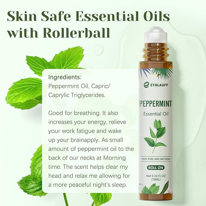 Peppermint Essential Oil Roll On, Natural Aromatherapy Oil Blend Roller with Fresh Minty Aroma - Headache, Stress Relief, Self Care Gifts for Women