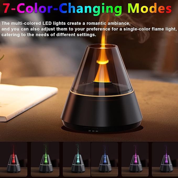 Flame humidifier,Flame Aroma Diffuser, 120ml Flame Humidifier, Essential Oil Aromatherapy Diffuser with 7-Color Changing LED Lights, Waterless Auto Shut-Off, Ideal for Home, Office, Bedroom (Black)