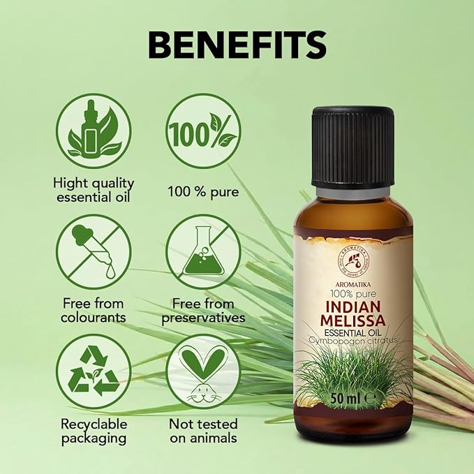 Melissa Essential Oil 1.7 Fl Oz - Melissa Indicum - Aromatherapy - Homefragrance - Pure Melissa Oil for Body Care - Diffusers - Sauna - Relaxation - Calming - Good Sleep