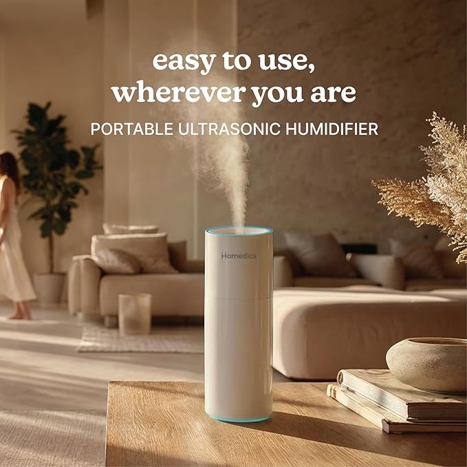 Homedics Portable Humidifier – Small Ultrasonic Cool Mist Humidifier for Bedroom, Desk & Travel, Mini Personal Humidifier, 7.7 oz Tank, Auto Shutoff, Night Light, Rechargeable (Gloss White)