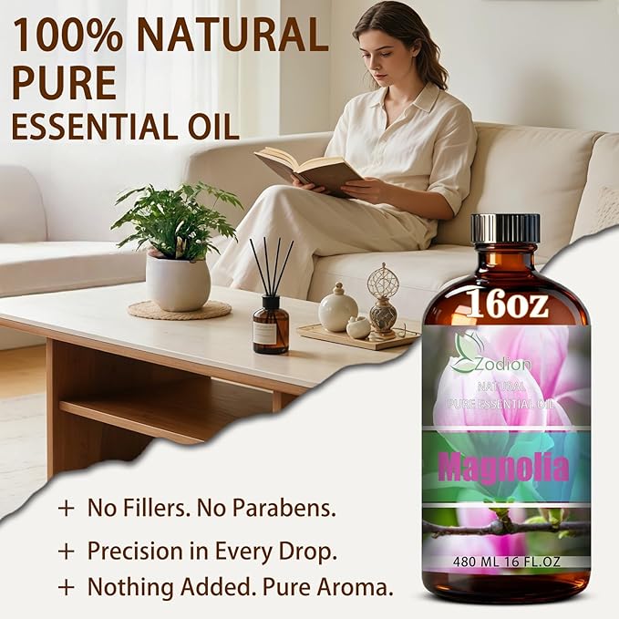 Magnolia Essential Oil, 16 fl oz (480ml) - ZODION Magnolia Fragrance Oil for Diffuser, Massage, Humidifier, DIY Candle, Soap Making, Home, Bath, Yoga