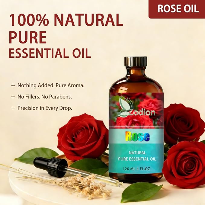 Rose Essential Oil, 4 fl oz (120ml) - ZODION Rose Fragrance Oil for Diffuser, Massage, Humidifier, DIY Candle, Soap Making, Home, Bath, Yoga