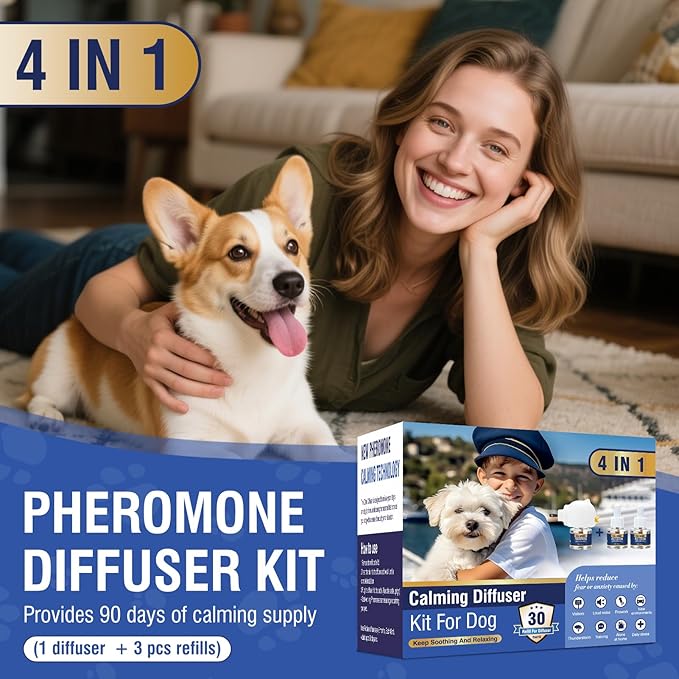 Calming Diffuser 4 in 1 Dog Pheromone Appeasing Pet Pheromones Diffuser to Calm Kit (Plug in+ 3 Pack 48ml Refill) for Anxiety Relief Reduce Barking Aggression Fighting Stress
