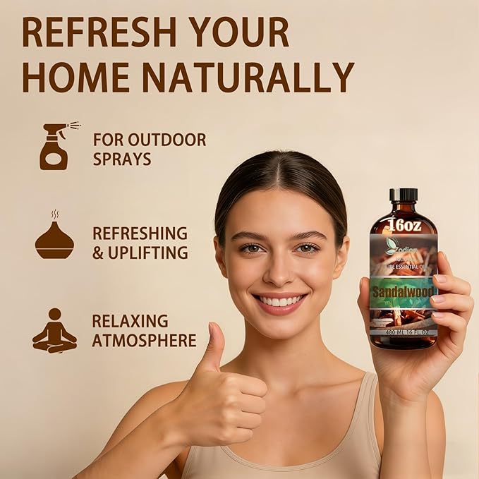Sandalwood Essential Oil, 16 fl oz (480ml) - ZODION Sandalwood Fragrance Oil for Diffuser, Massage, Humidifier, DIY Candle, Soap Making, Home, Bath, Yoga
