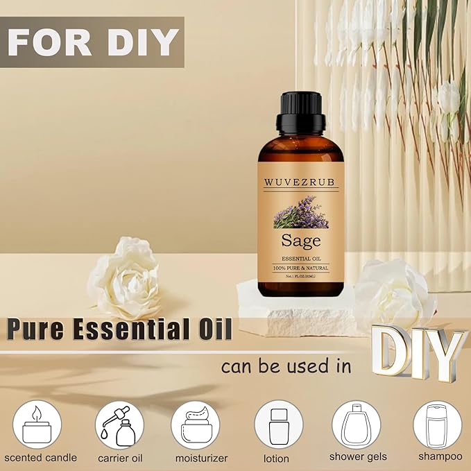 Sage Essential Oils, 30ML Pure and Natural Essential Oil for Aromatherapy Diffuser - 1 Fl Oz