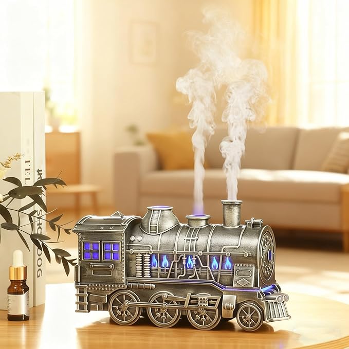 Train Diffuser, 2026 New 300ML Large Capacity Train Humidifier with Dual Cool Mist Outlets, Train Oil Diffuser with 2-Color LED, Remote Control, Auto-Off, Quiet for Bedroom Office (Silver, Basic)