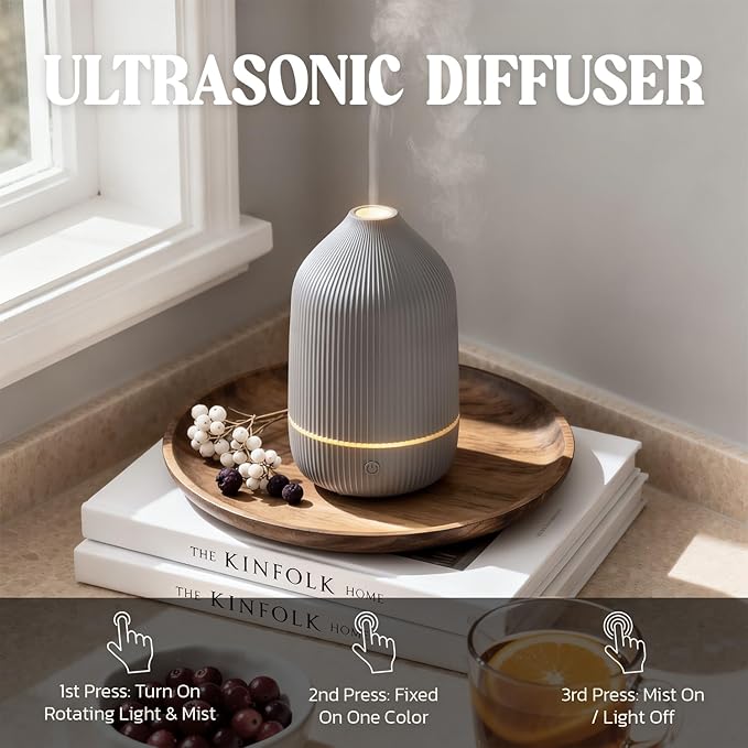 Essential Oil Diffuser, 100ml Aromatherapy Diffuser, Mini Ultrasonic Diffuser for Essential Oil, Home, Office, Cool Mist Humidifier with 7 Led Light, Auto Shut-Off, Gray