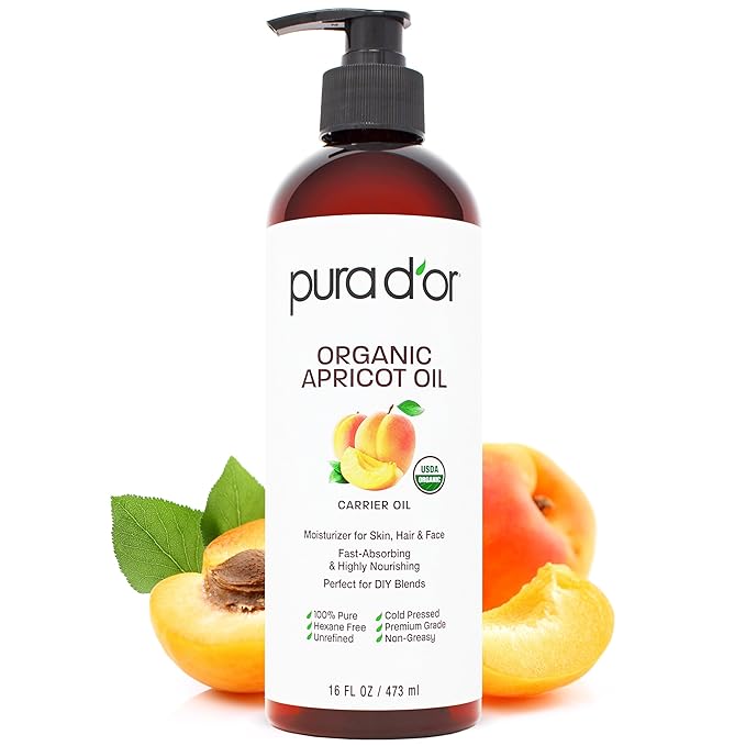 PURA D'OR ORGANIC Apricot Kernel Oil (16 Oz) 100% Pure & Natural USDA Certified Cold Pressed Carrier Oil - Antioxidant & Vitamin E Rich Moisturizer for Natural Glow & Softness - Face, Skin & Hair