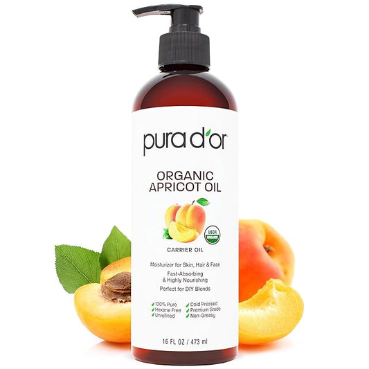 PURA D'OR ORGANIC Apricot Kernel Oil (16 Oz) 100% Pure & Natural USDA Certified Cold Pressed Carrier Oil - Antioxidant & Vitamin E Rich Moisturizer for Natural Glow & Softness - Face, Skin & Hair