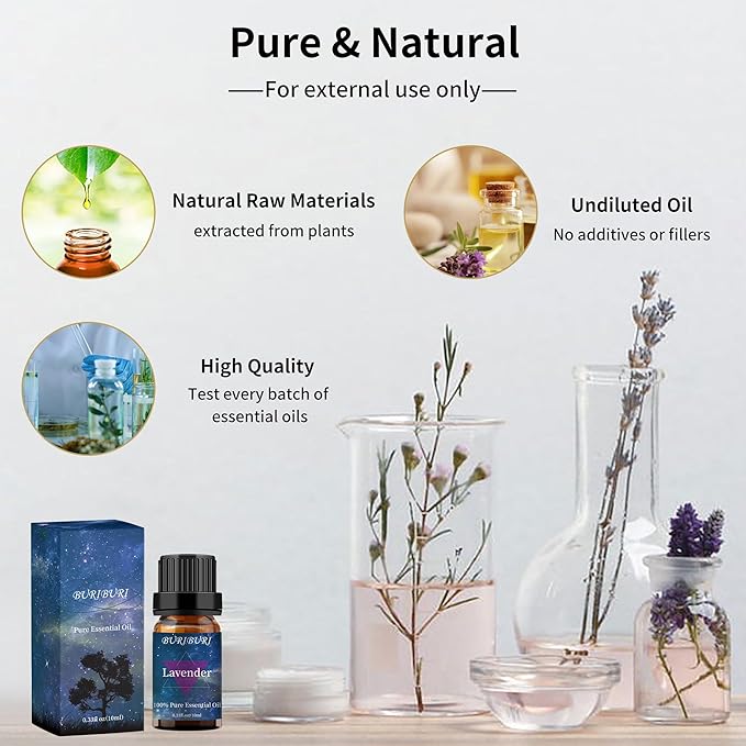 BURIBURI Lavender Essential Oil and Vanilla Oil Essential Oil Set, 100% Pure, Undiluted, Natural Essential Oils Mother's Day Gift Set for Diffuser, Massage (Lavender+Vanilla)