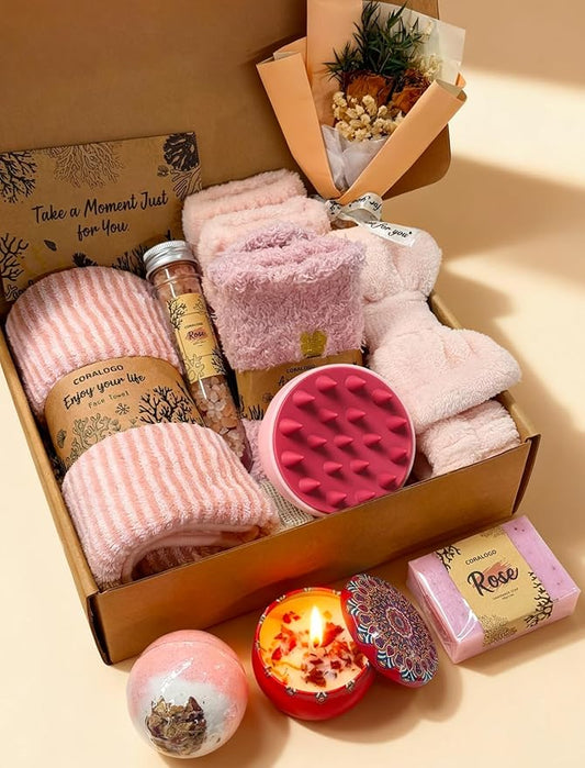 Coralogo Rose Spa Gift Baskets - Mothers Day Gifts Natural Pampering Spa Set, Self-Care Get Well Soon Basket, Thank You Gifts, Unique 11pcs Gift Set for Women Wife Mom Her Birthday