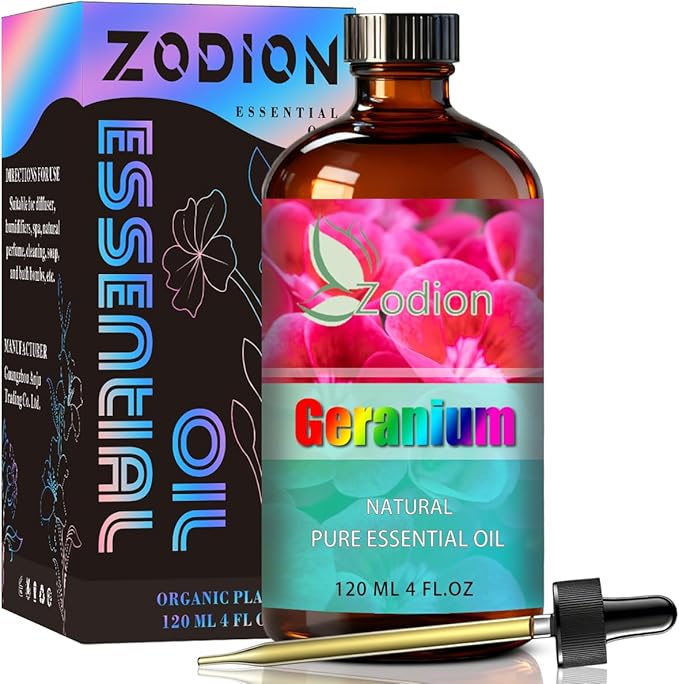Geranium Essential Oil, 4 fl oz (120ml) - ZODION Geranium Fragrance Oil for Diffuser, Massage, Humidifier, DIY Candle, Soap Making, Home, Bath, Yoga