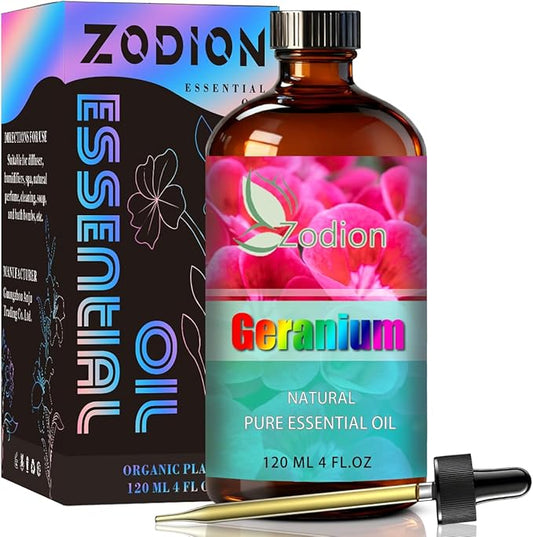 Geranium Essential Oil, 4 fl oz (120ml) - ZODION Geranium Fragrance Oil for Diffuser, Massage, Humidifier, DIY Candle, Soap Making, Home, Bath, Yoga