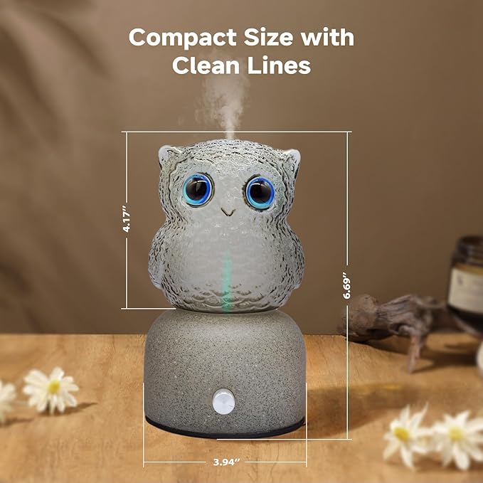 DAROMA Handcrafted Pottery Stone & Glass Essential Oil Diffuser, Owl Portable Waterless Aromatherapy with Auto Off, Adjustable Brightness, Ideal for Home, Office, Bedroom, Gift