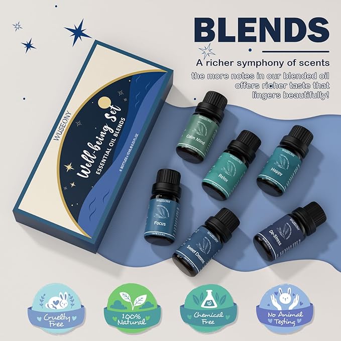 WUSEONY Well-Being Essential Blends Oils Set, Aromatherapy Oils Gift Set for Diffusers Home, Fragrance Oil Scent for Candle Soap Making - Happy, Calm Mind, De-Stress, Relax, Focus, Sweet Dreams