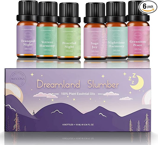 WECONA Essential Oils for Diffusers For Home - Dreamland Slumber Aromatherapy Oils Set for Humidifiers, 6x10ml - Essential Oil Blends Including Lavender, Cedar, Sweet Orange, Geranium, Roman Chamomile