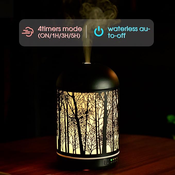 250ML Essential Oil Aromatherapy Diffuser for Home Bedroom Office Metal Hollow Decorative Room Ultrasonic Air Scent Mist Aroma Diffuser -Black