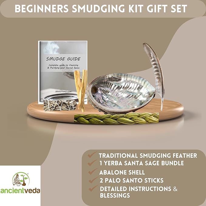 Ancient VEDA Organic Smudge Kit – Yerba Santa, Palo Santo, Sweetgrass, Abalone Shell, Feather & Smudge Guide | Smudging Kit for Home Cleansing, Meditation, Healing (Healer's Kit, Yerba Santa Sage)