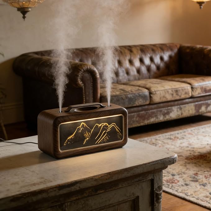 600ml Essential Oil Diffuser, Dual Spray Mountain Aromatherapy Diffuser Cool Mist Humidifier with Light, Essential Oil Scent for Home Bedroom (Light Wood Grain)