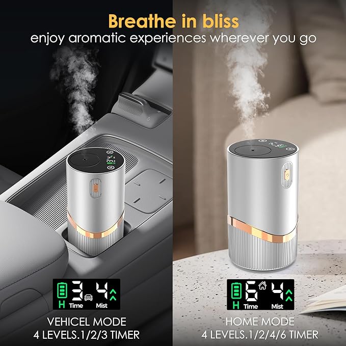 Waterless Essential Oil Diffuser Rechargable: Portable Aromatherapy Diffuser for Car and Home - 1/2/4/6H/Time Off 4 Mist Level for Room Office Bedroom (Sliver)